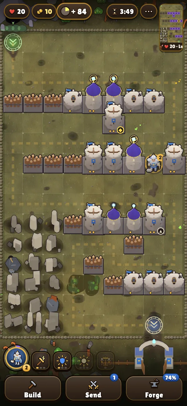 A LaneLords match: a long maze of towers on the player's lane