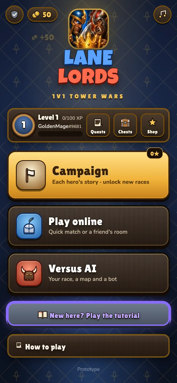 The LaneLords main menu: Campaign, Play online, Versus AI